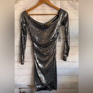 NWT Nicole Miller Off Shoulder Bodycon Gunmetal Grey Sequin Cocktail Dress SZ 2